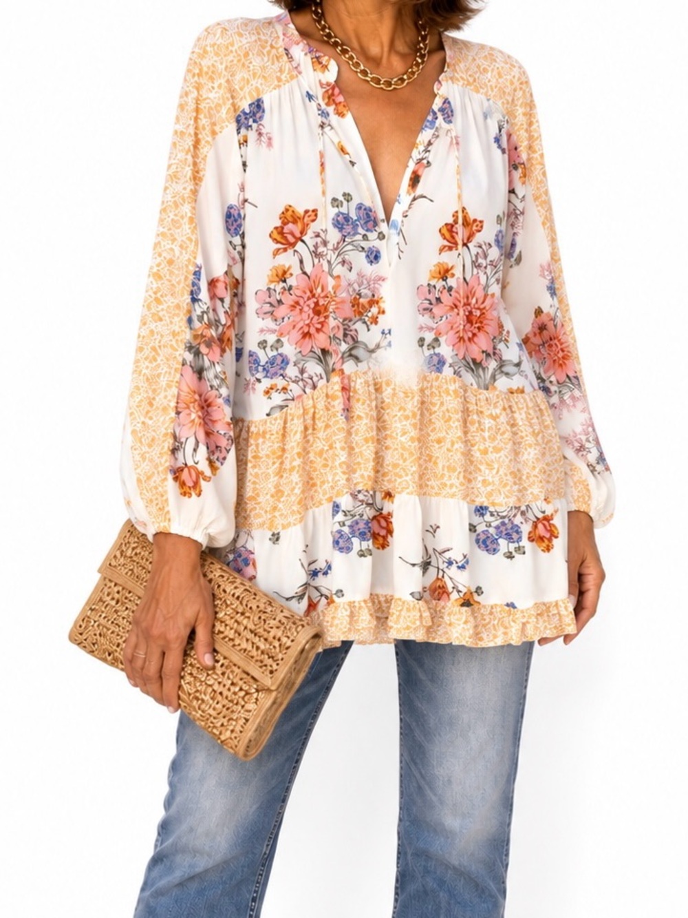 American Eagle Floral Tiered Peasant Tunic Blouse Small S Flowy Boho Long Sleeve